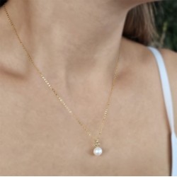 Κολιέ Κ18 χρυσή αλυσίδα και μενταγιόν με μαργαριτάρι και ζιργκόν - F126530